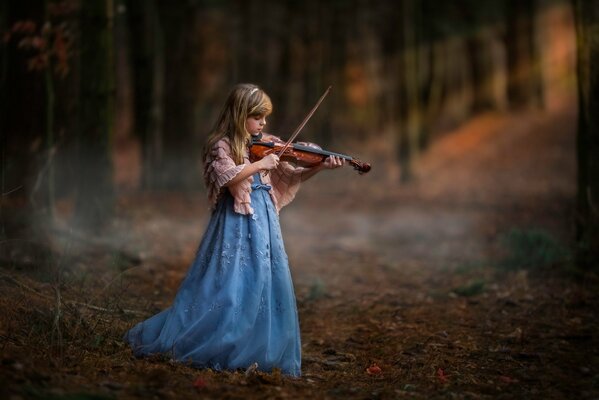 A little violinist in a dark forest