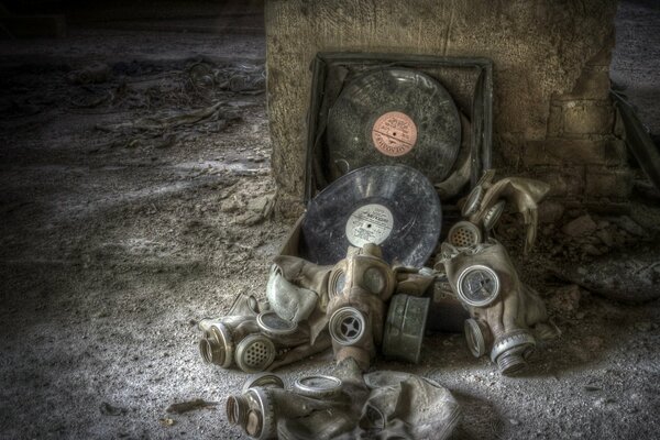 Strange vinyl on the background of gas masks