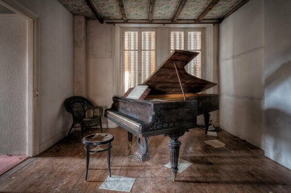 There is a piano with chairs in the room