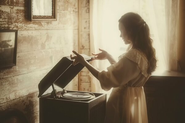 Vintage record player and a girl