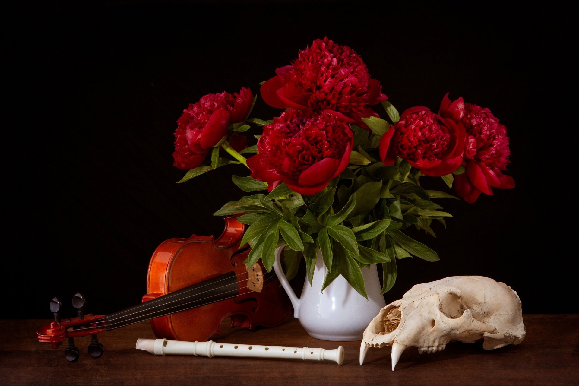 peonies violin flute skull