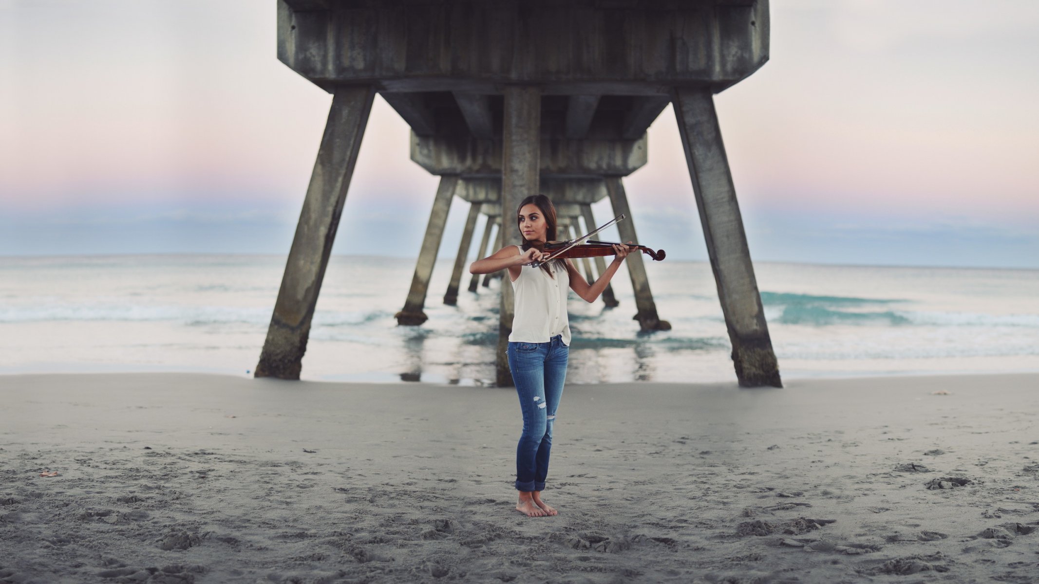 girl violin music sea bridge