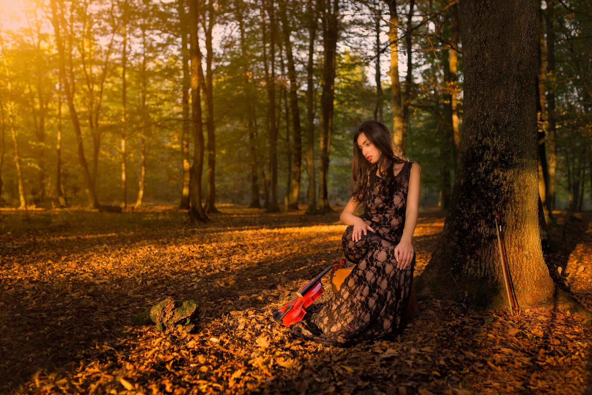 violoniste fille forêt automne violon