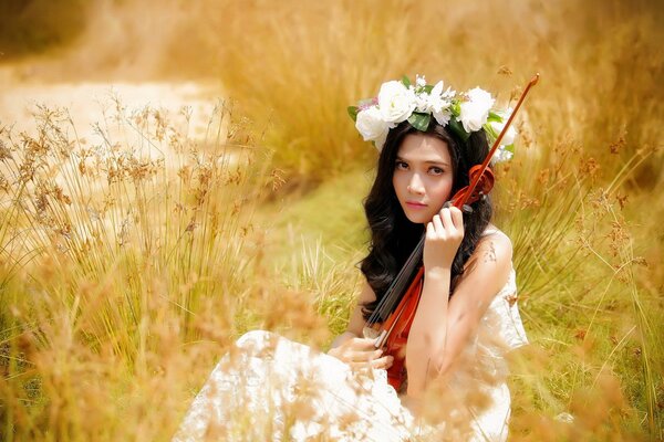 Ragazza in una corona con un violino in un campo