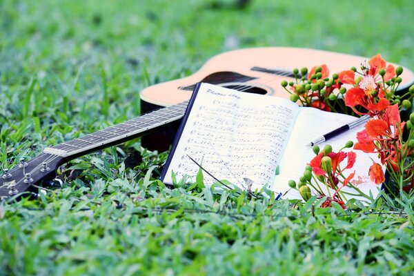 Chitarra sull erba con fiori e note