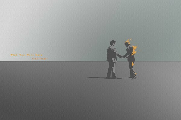 Two people, one burning, on a gray background. Pink floyd , wishyou were here, album