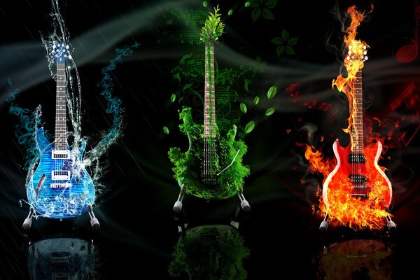 Guitarras en los elementos del agua, el fuego y la tierra