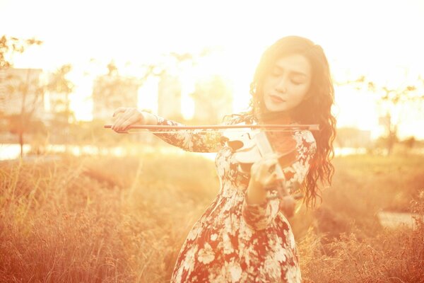 Hermosa chica con un violín en el campo