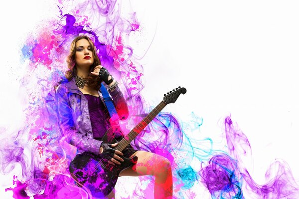 A vivid image of a girl with a guitar