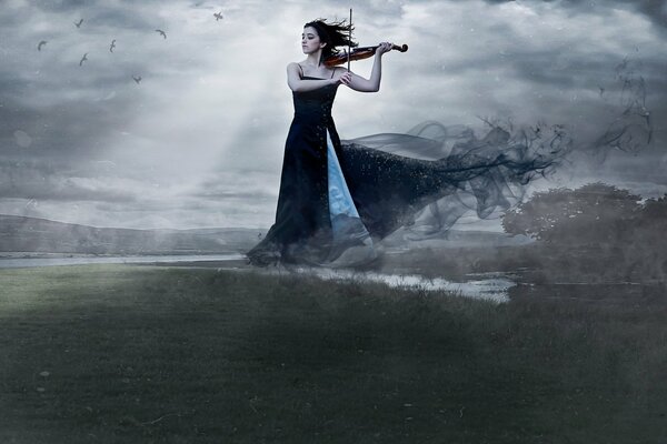 An unearthly girl with a violin in flight