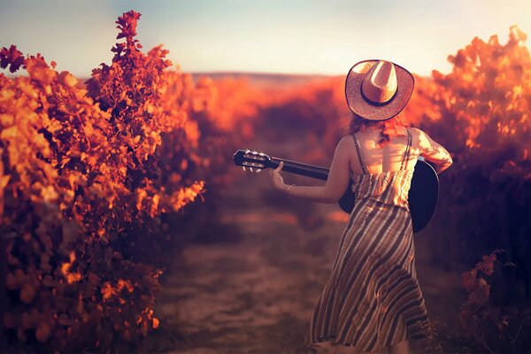 Fille au chapeau avec guitare sur fond de vignoble