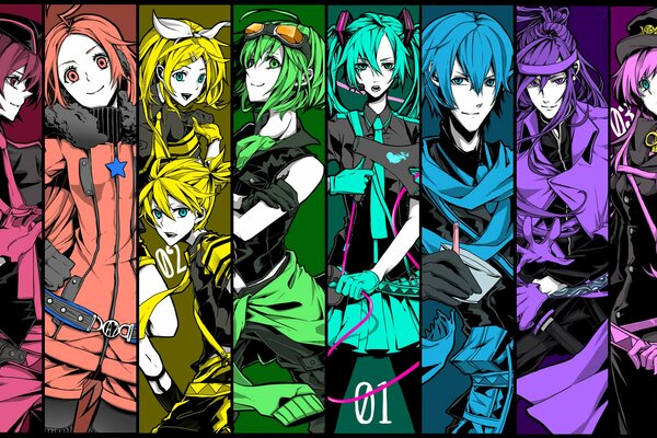 Ocho personajes de anime de colores del arco iris