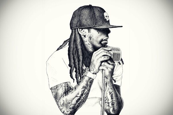 Rapper with dreadlocks in tattoos and with a microphone