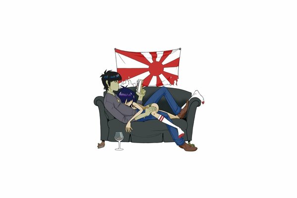 Japanese anime guy with a girl on the couch