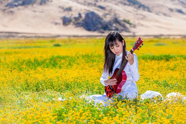 Mädchen mit roter Gitarre im Feld