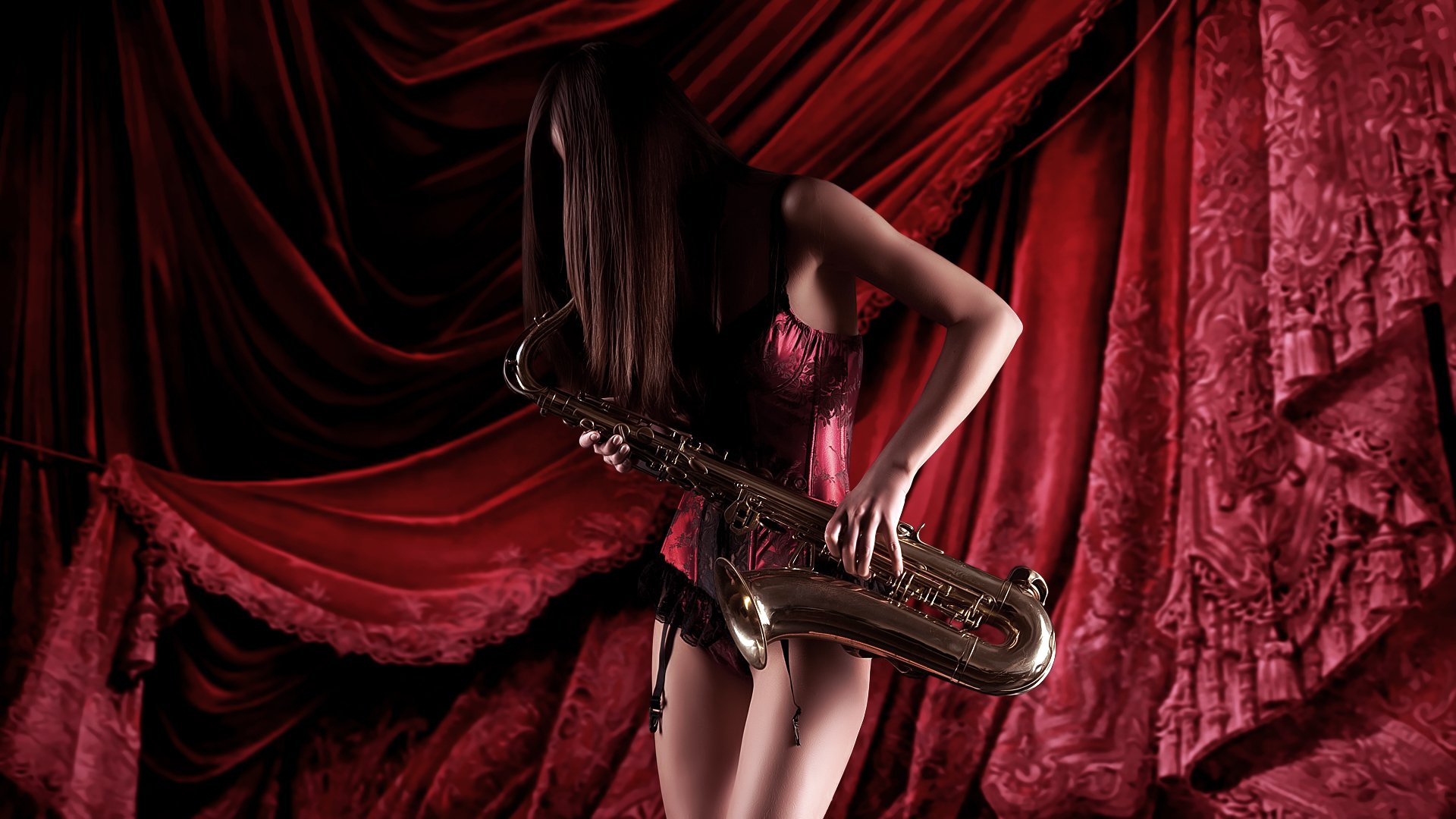 fille rideaux saxophone en rouge