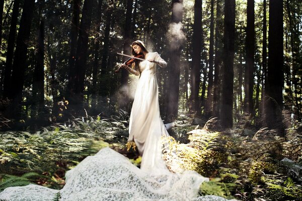 Chica con un violín en un vestido blanco en el fondo del bosque