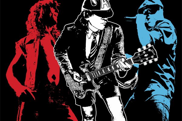 Ac / DC in schwarz-Weiß=rot-blauem Hintergrund