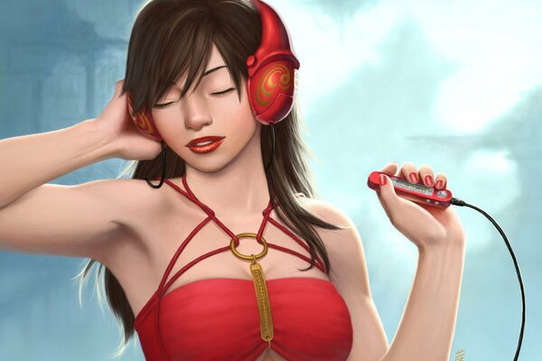 Drawing of a girl with a player in headphones