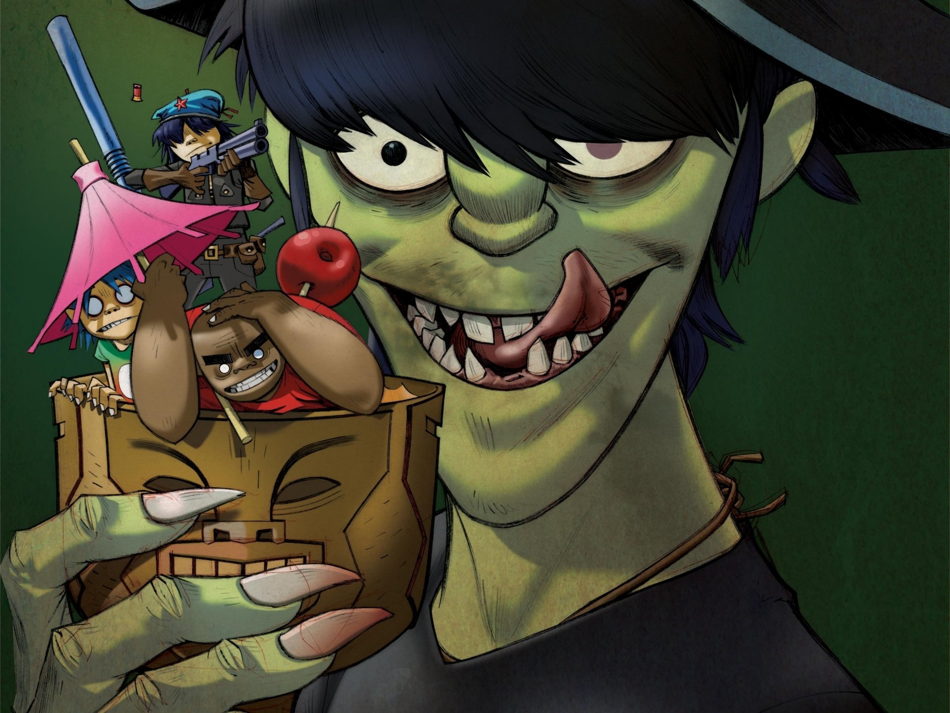 plastic beach gorillaz noodle murdoc 2d russel murdoch russell the group music cocktail umbrella