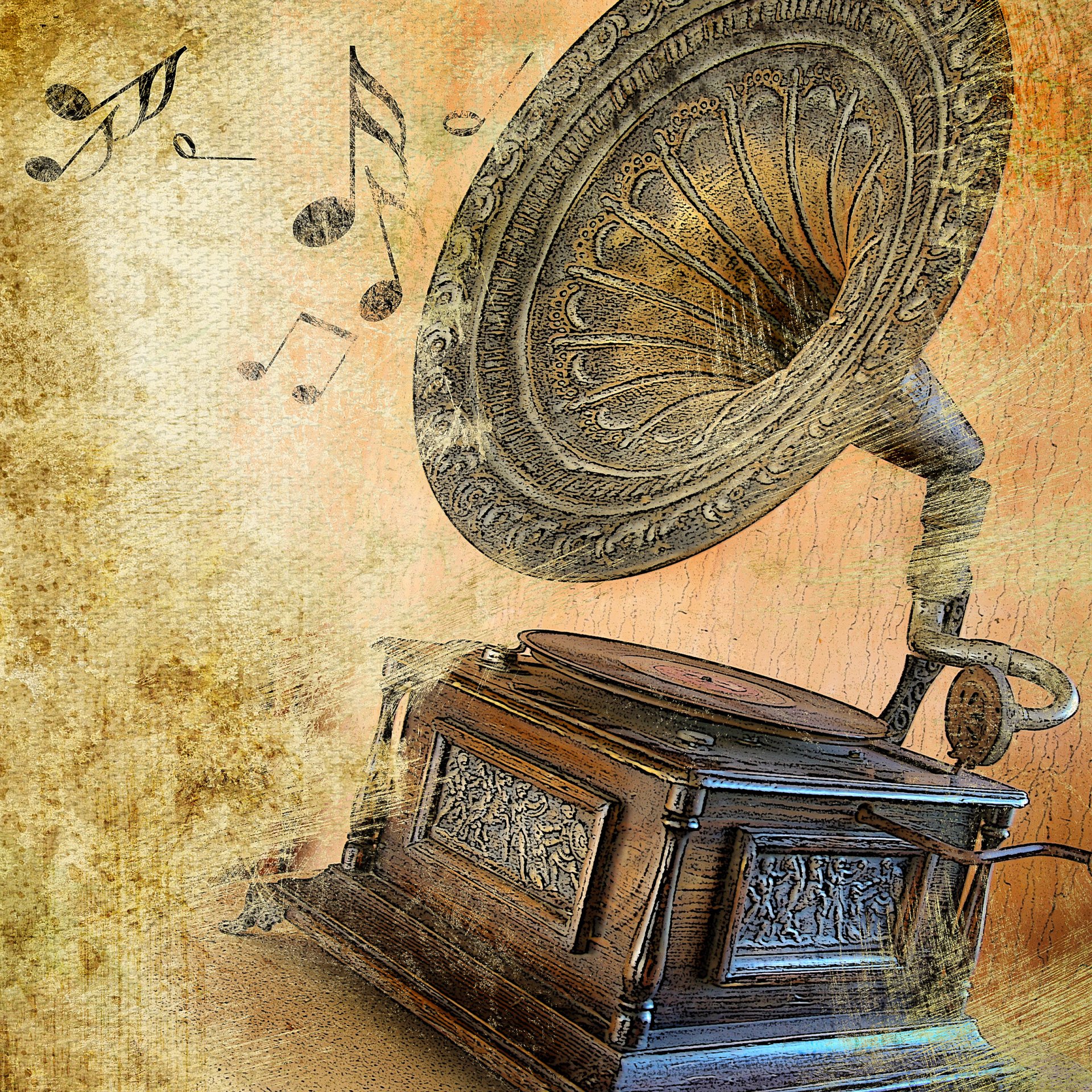 heet music music textures antiques art artwork background box brass carving concepts collection disc cover entertainment equipment golden gramophone horned isolated listen grunge megaphone metal musical melodies nostalgia outdated