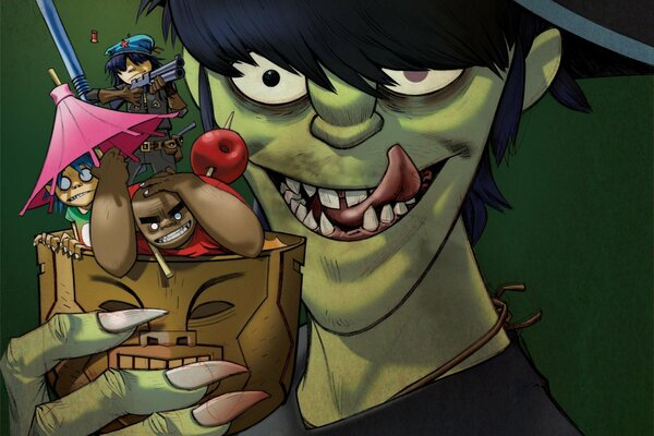 Cartel del grupo Gorillaz. Cóctel con paraguas