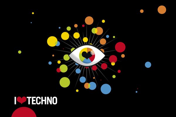 Logo me encanta el techno y el ojo con un corazón sobre un fondo oscuro