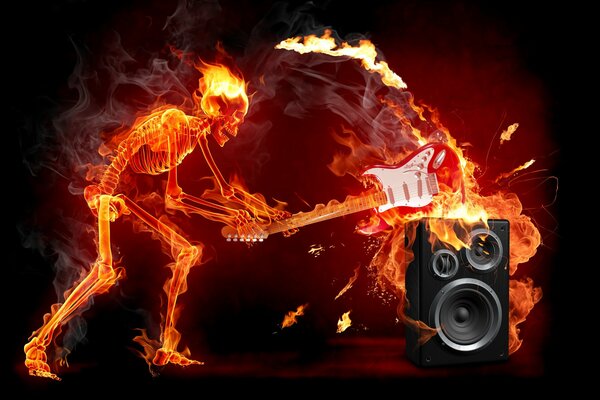 Squelette flamboyant avec guitare de feu