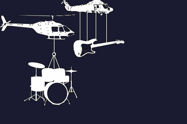 Instrumentos musicales y helicópteros sobre fondo negro