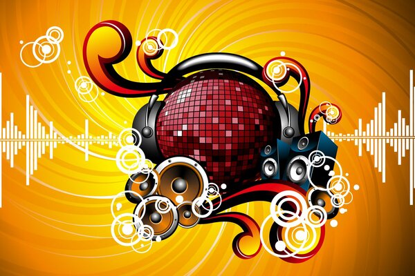 Drawing of a ball in headphones with speakers on a yellow background