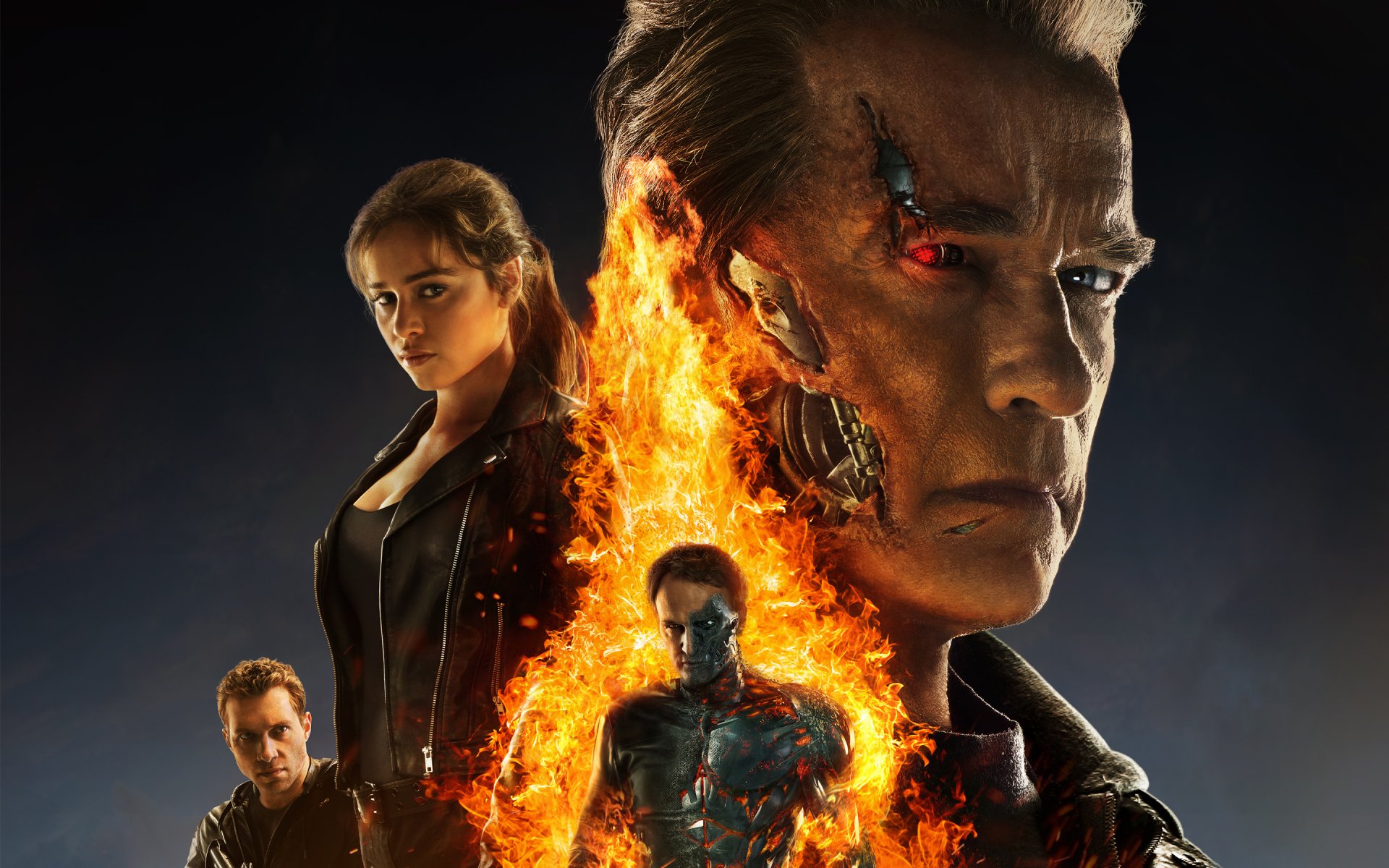 terminator: génesis ficción arnold schwarzenegger terminator emilia clarke sarah connor jai courtney jay courtney kyle reese jason clarke john connor póster llama fuego