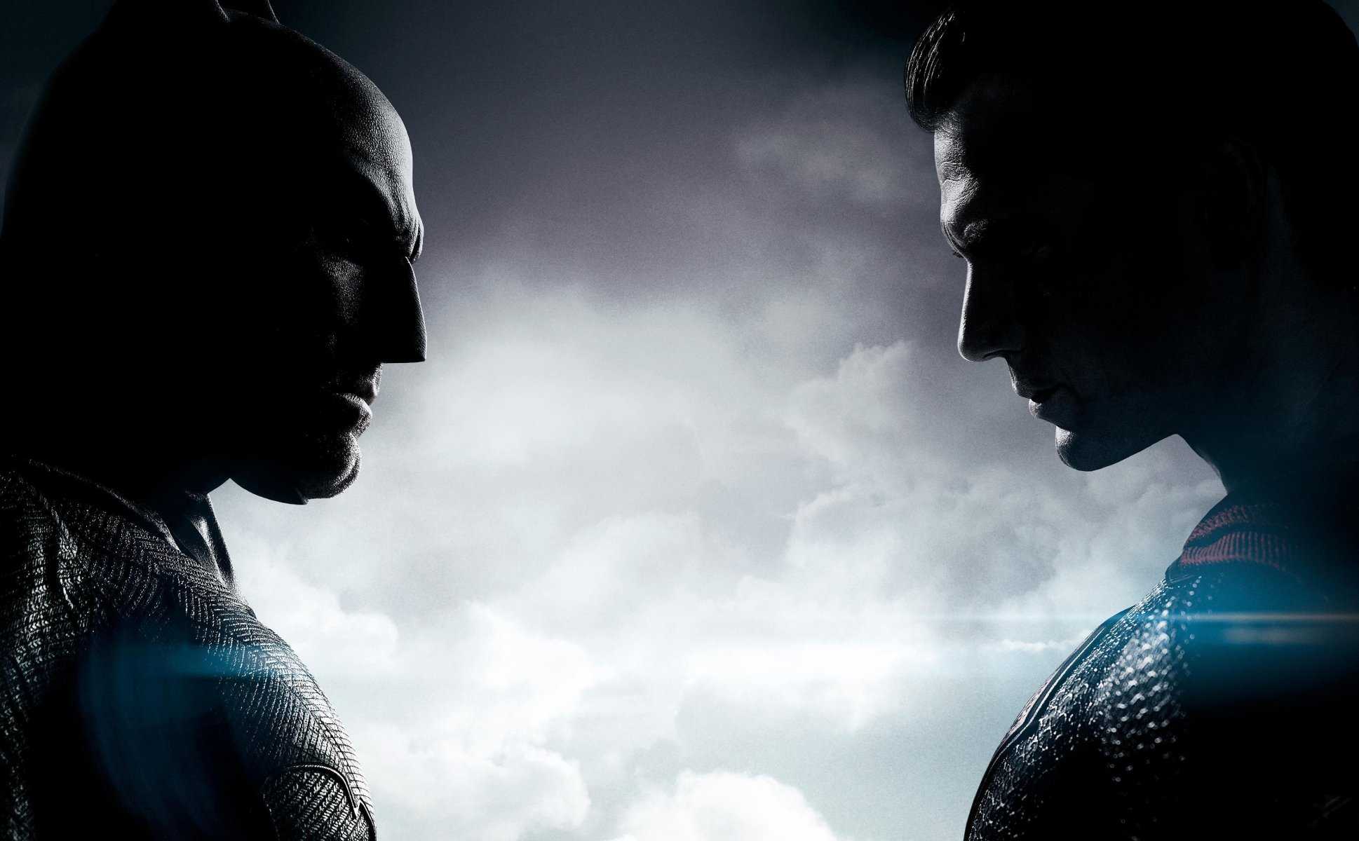 batman vs. superman : at the dawn of justice batman v superman: dawn of justice batman bruce wayne ben affleck superman clark kent henry cavill heroes suit mask chin confrontation clouds zack snyder