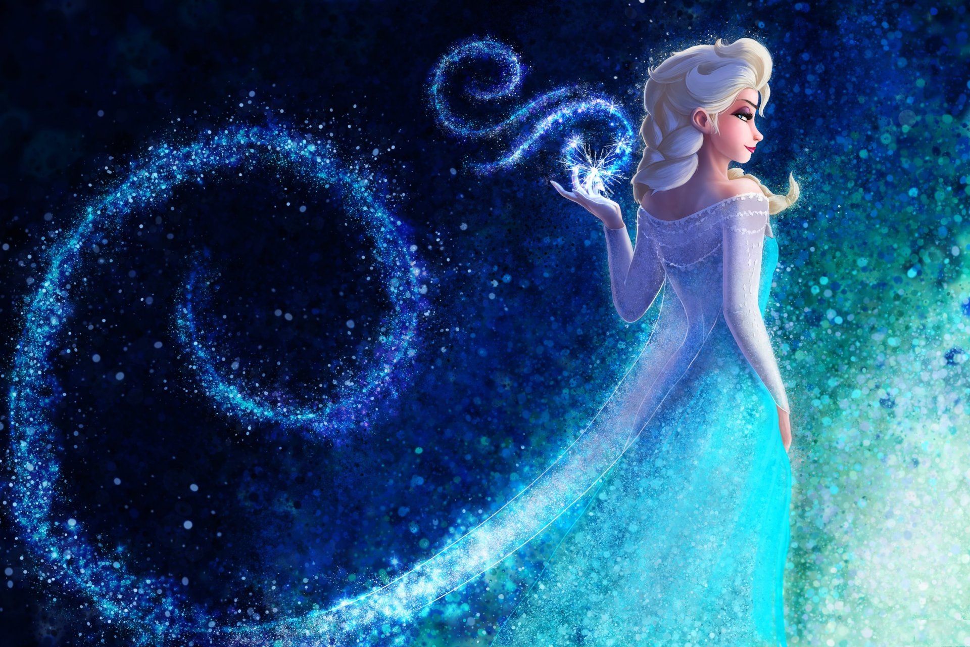 reine elsa frozen dessin animé art look cheveux blancs robe flocons de neige