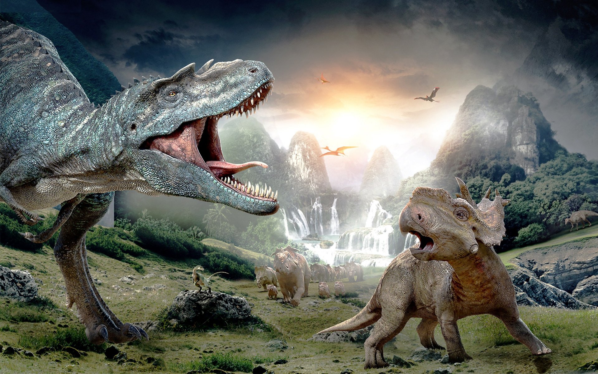 gehen mit dinosauriern protoceratops ceratops dinosaurier tyrannosaurus rex t. rex protoceratops dinosaurier flecken pflanzenfresser kleinkind tyrannosaurus tyrannosaurus t-rex raubtier pterodaktyl berge felsen tal wasserfall farne