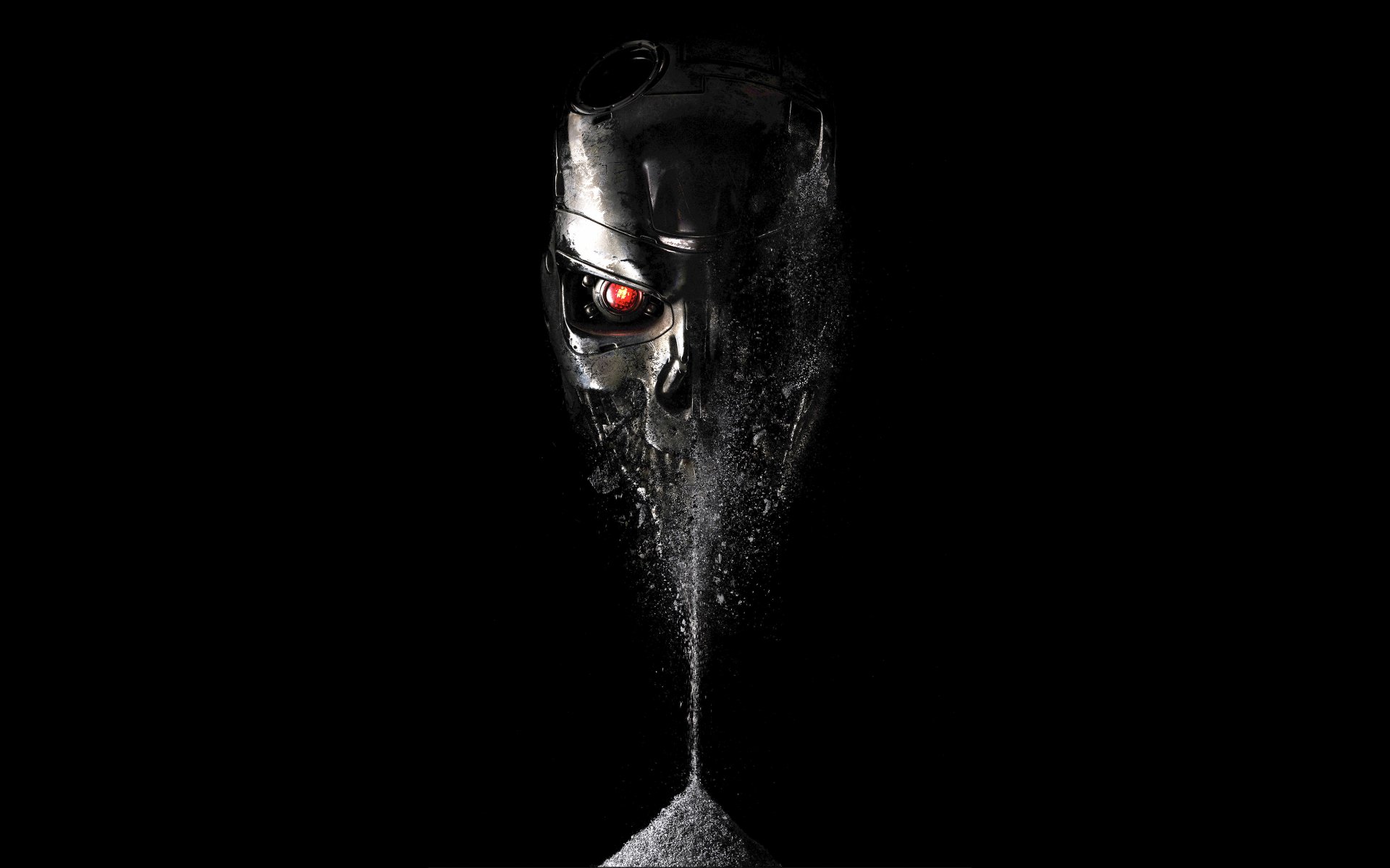 terminator: genesi sfondo nero cranio occhio rosso terminator sgorga polvere fantascienza