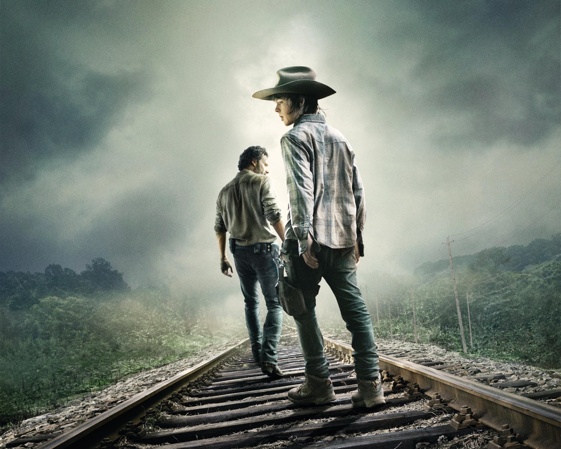 walking dead nicht blick zurück 2014 drama horror thriller zombie tv-serie andrew lincoln rick carl grimes chandler riggs männer hut sensor weg wald burrus himmel wolke hd hintergrundbilder