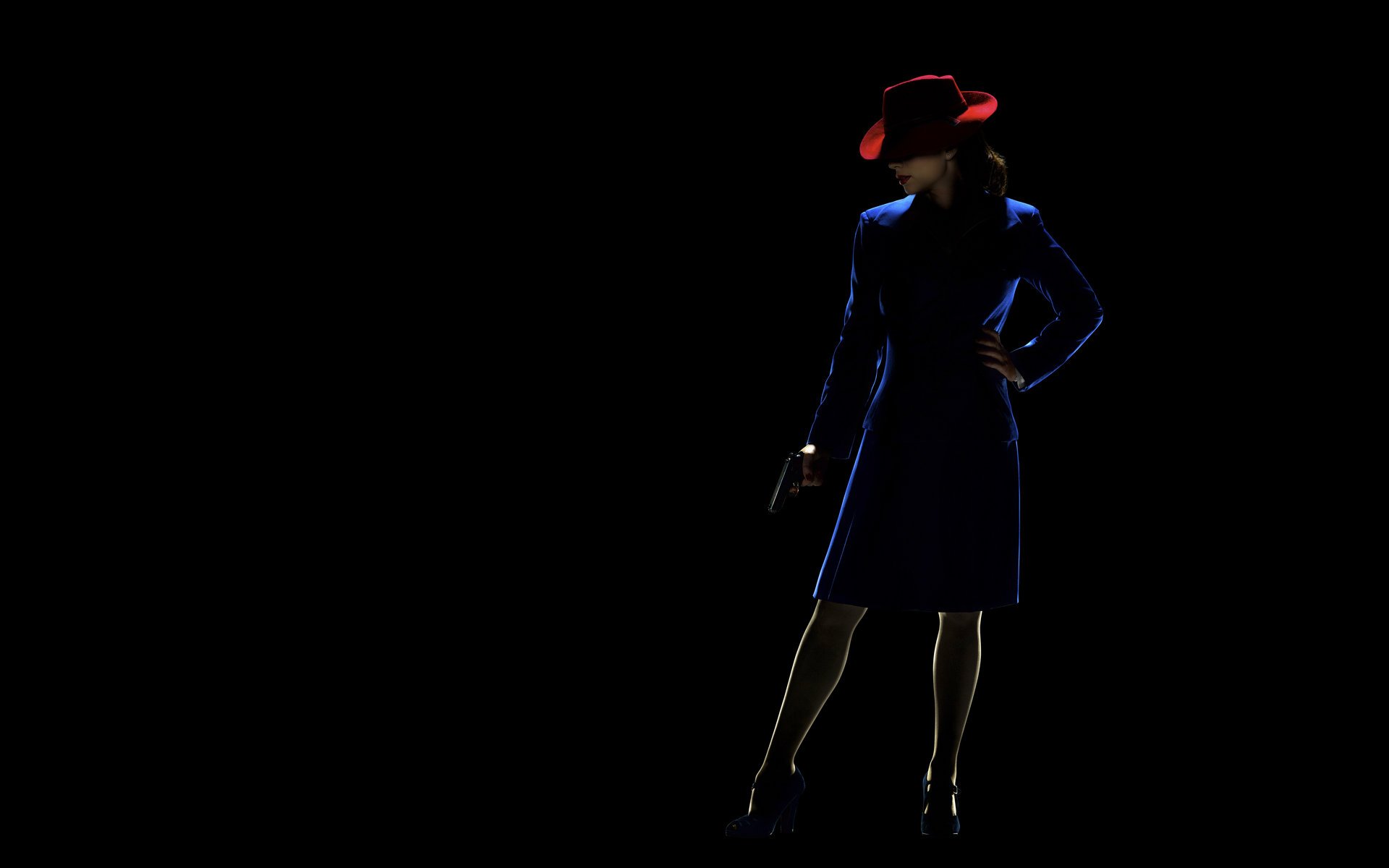 agent carter tv series science fiction comic hayley atwell atwell peggy carter girl agent suit blue jacket skirt shoes pose weapon pistol hat red lipstick lighting black background