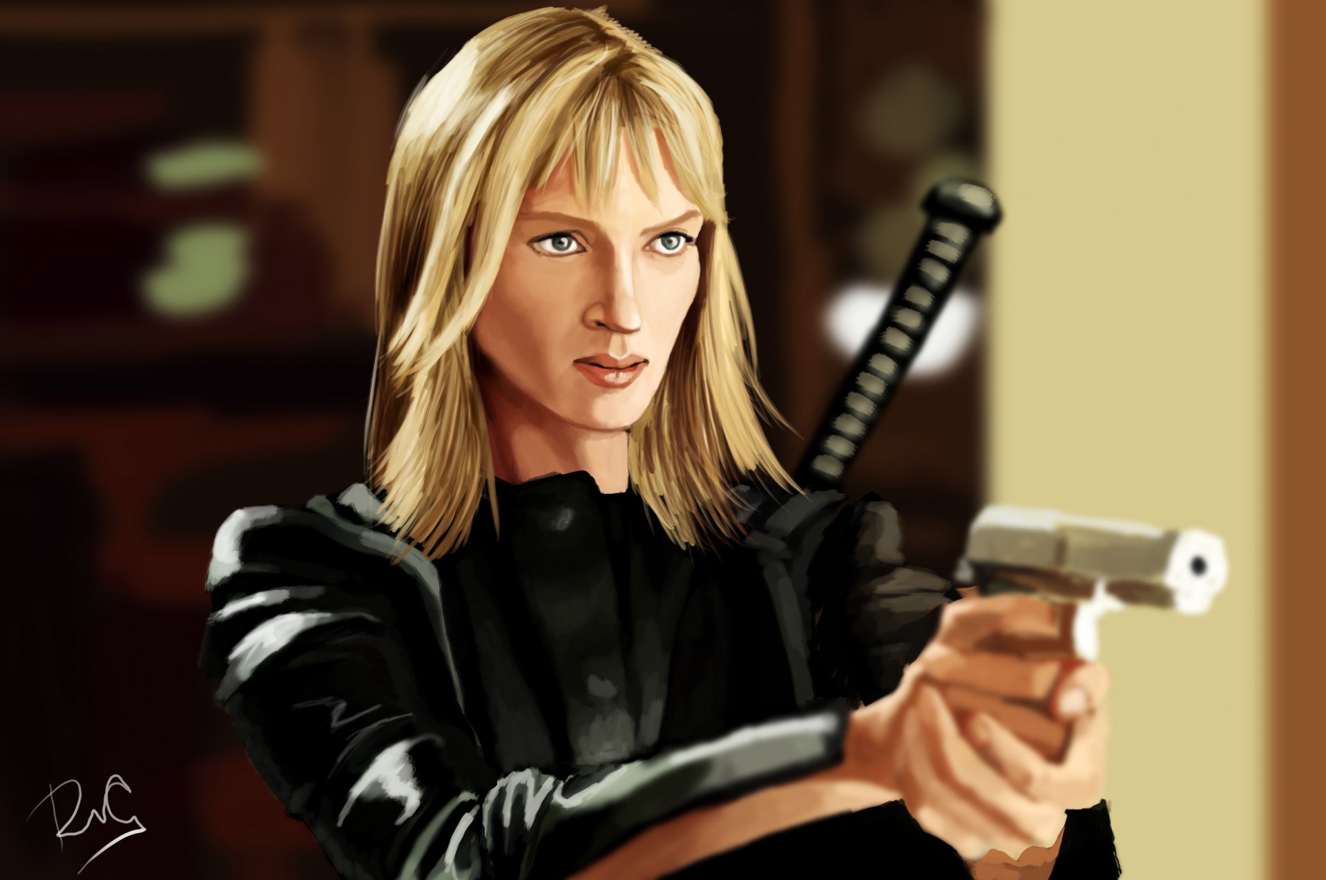 kill bill uma thurman bionda mamba nero arma pistola katana costume in nero arte disegno