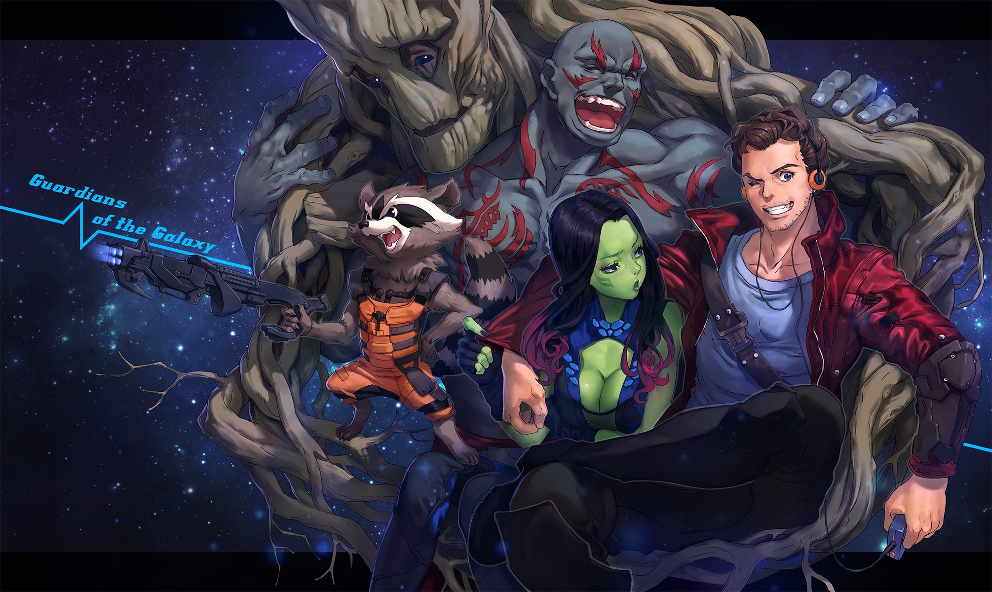 arte mhc chica gamora chicos drax destructor groot peter quill rocket raccoon sonrisa vergüenza abrazo armas guardianes de la galaxia