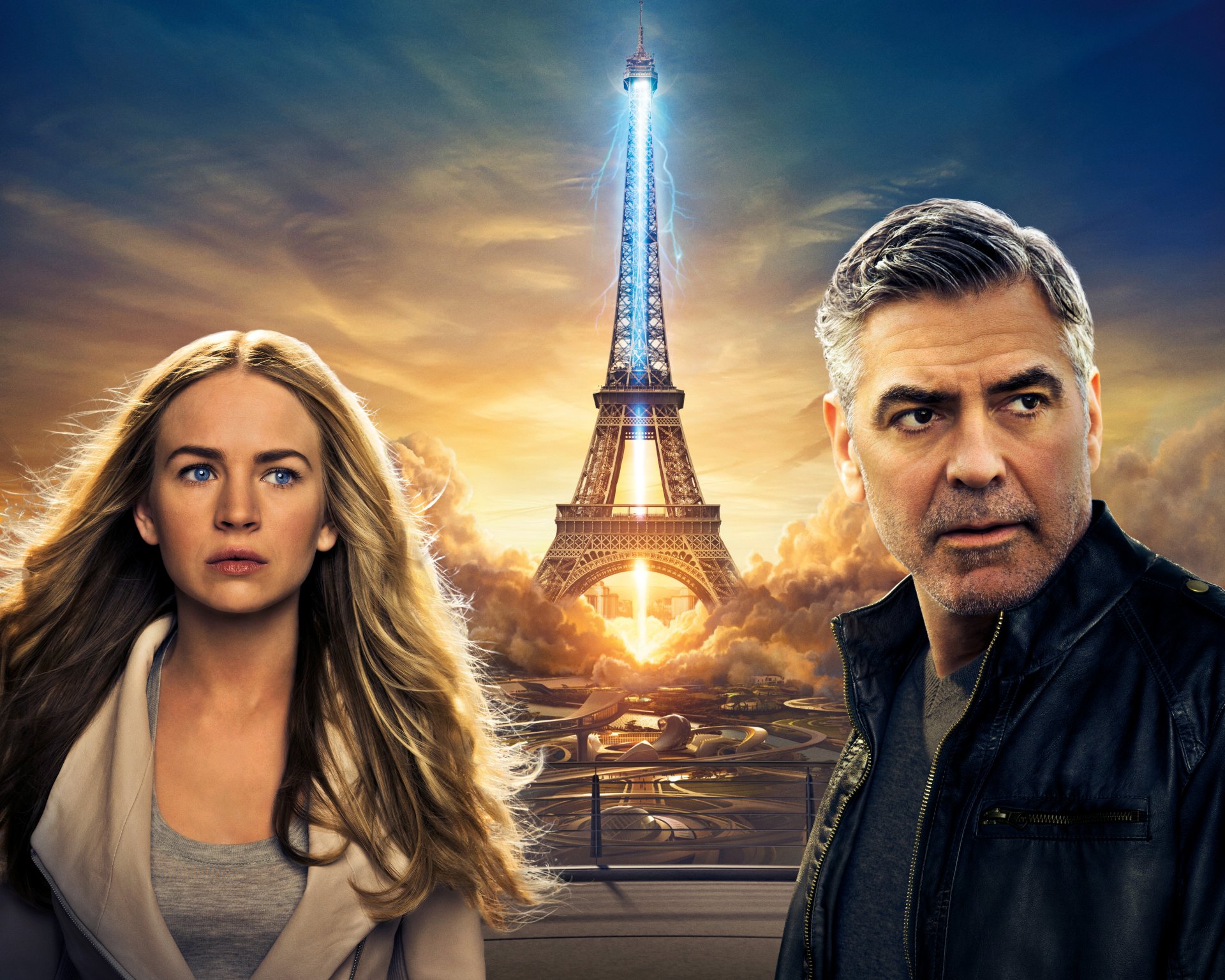 tomorrowland demain terre film film 2015 année britt robertson casey newton george clooney candide walker walt disney pictures science-fiction fantastique casey newton et frank walker blond cheveux bleu yeux jeune fille vieux homme blé avec