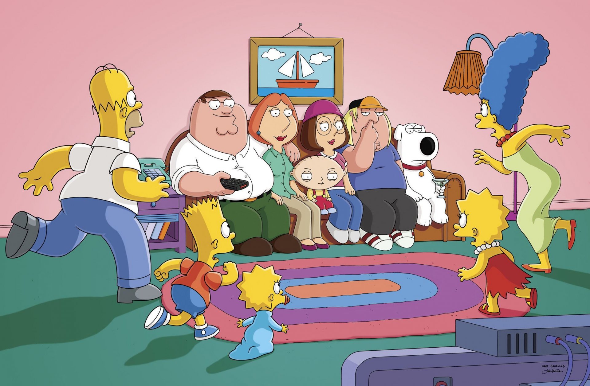 simpsonowie family guy homer bart maggie lisa marge peter lois stewie meg chris brian serial animowany sofa obraz matt groening