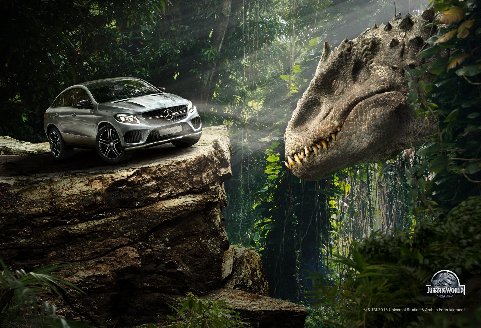 monde jurassique monde jurassique forêt jungle roche auto mercedes-benz gle coupé dinosaure situation fiction