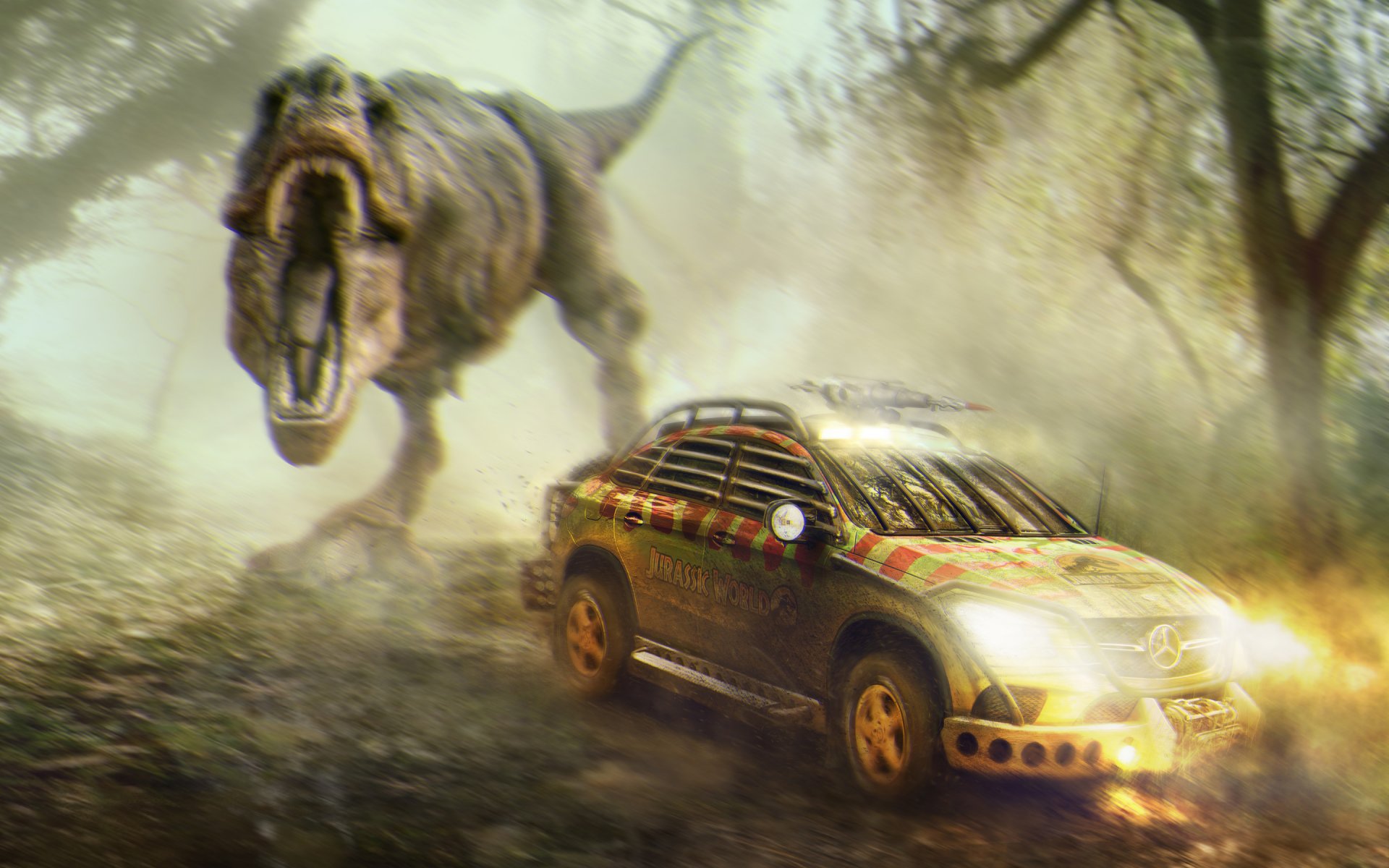 jurassic world jurassic world kunst zeichnung auto mercedes-benz gle coupé dinosaurier situation fantasie geschwindigkeit unschärfe scheinwerferlicht