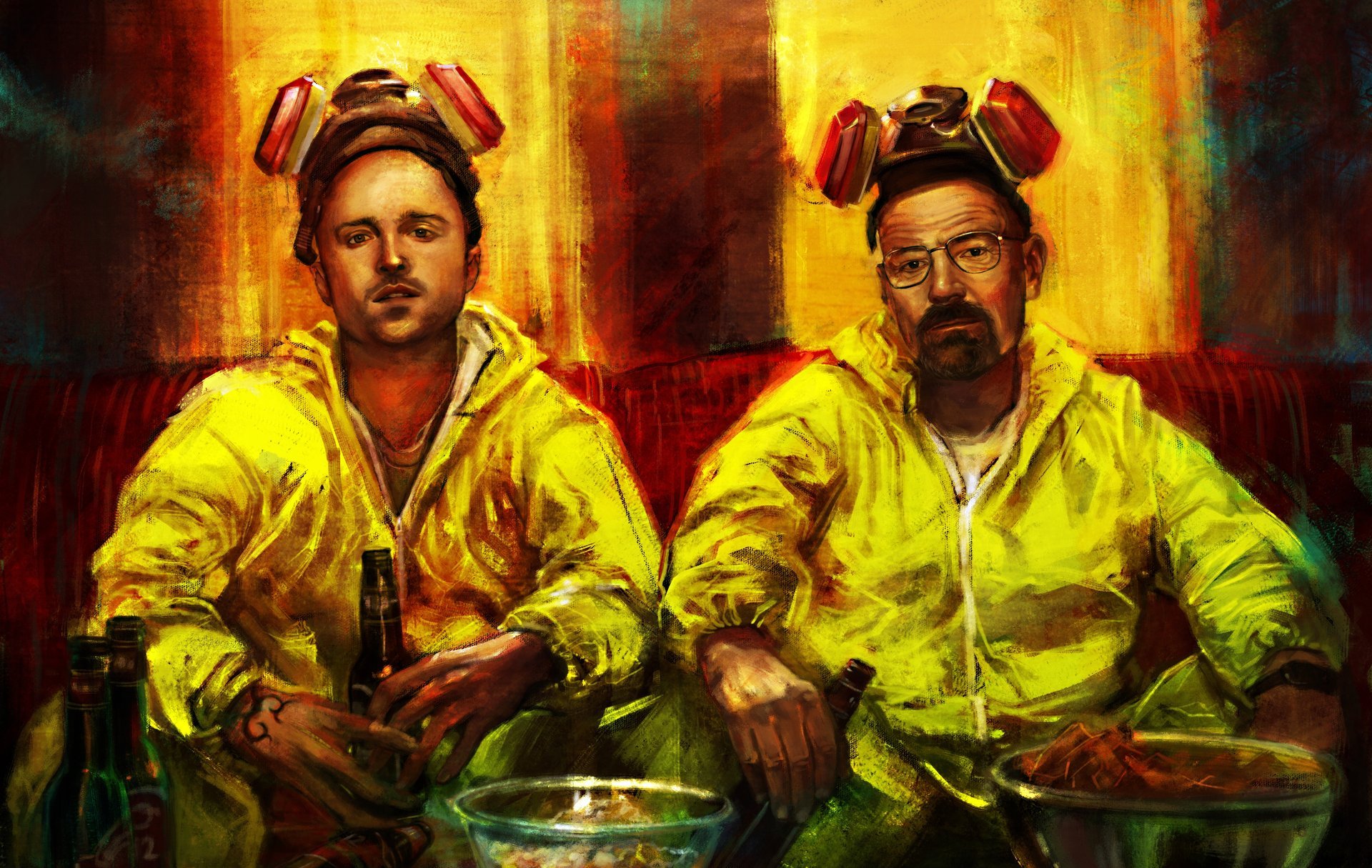 briser le mauvais aaron paul brian cranston amc bière costumes respirateur art walter white m. white jesse pinkman