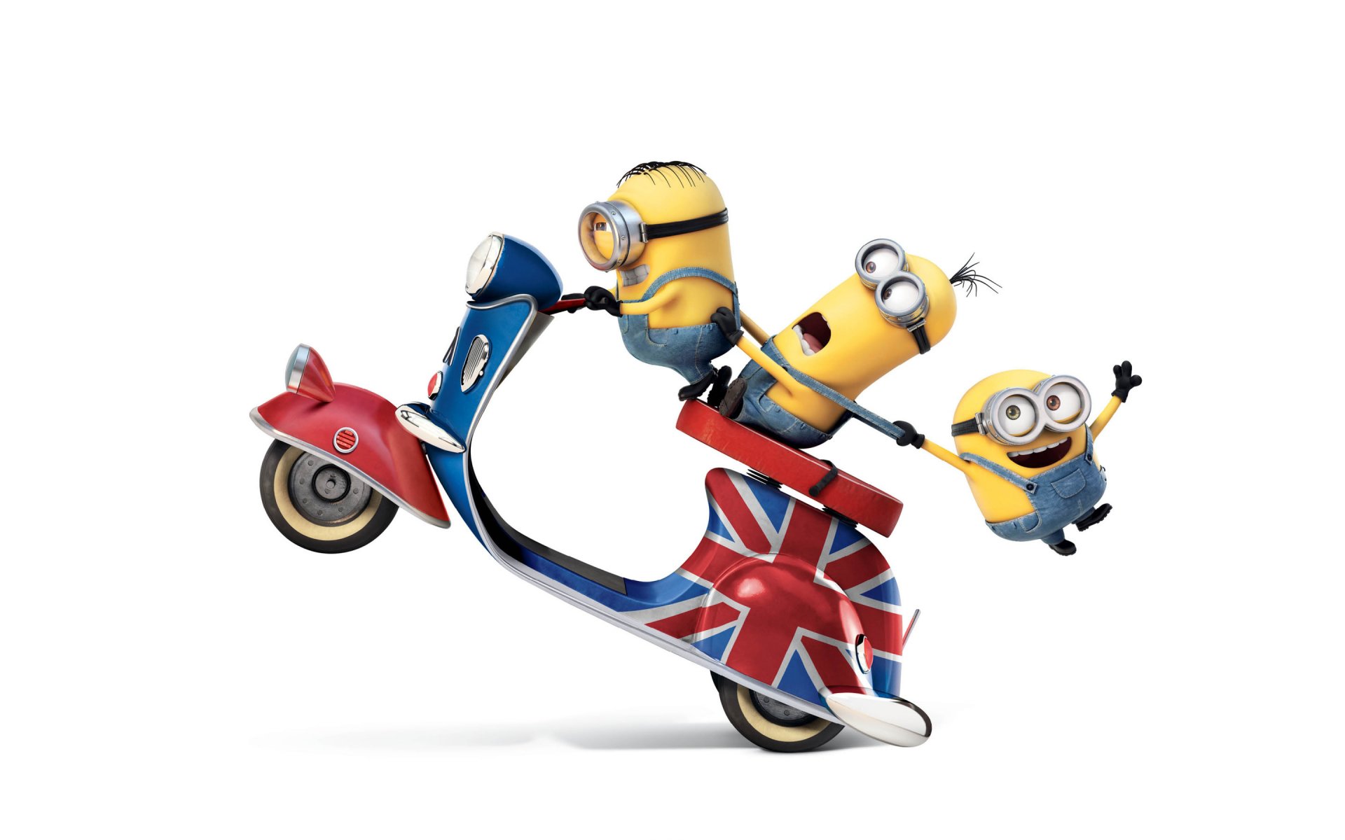 minions dessin animé personnages jaune fond blanc scooter