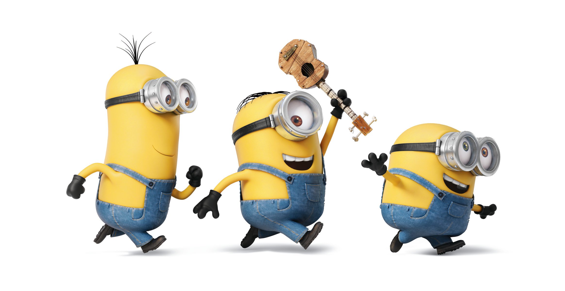 minions dessin animé personnages trois jaune lunettes gants combinaisons guitare courir joie humeur fond blanc