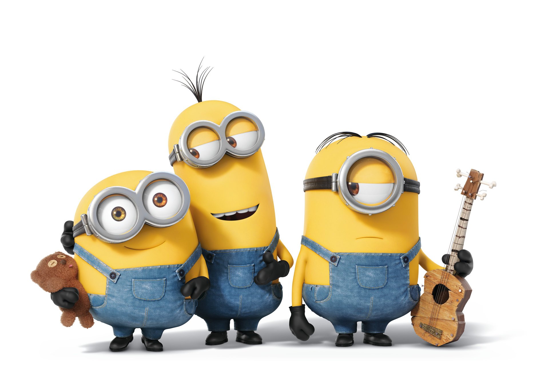 minions cartoon three yellow sunglasses overalls guitars toys teddy bear teddy white background