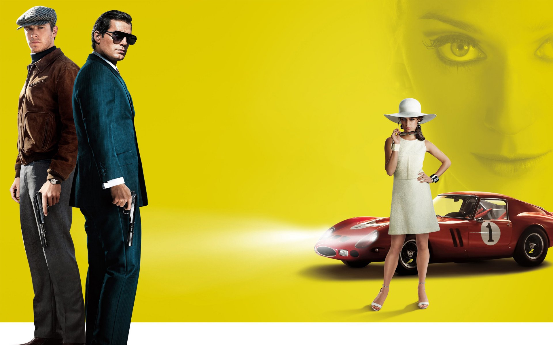 agents A.N.K.L. man from uncle henry cavill armie hammer agents guns pistols alicia vikander vikander in white dress hat glasses wheelbarrow red headlights background yellow