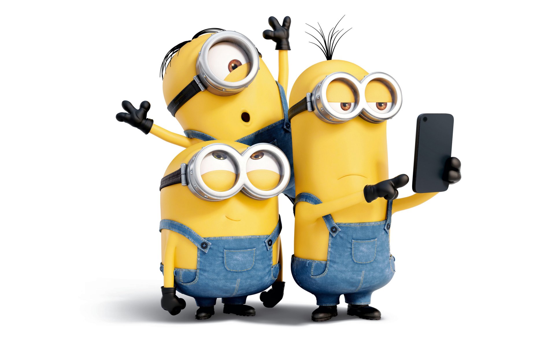 minions dessin animé trois jaune combinaison lunettes gants fond blanc