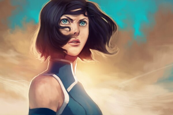 Avatar di Korra che guarda in lontananza il volto del cartone animato la leggenda di Korra